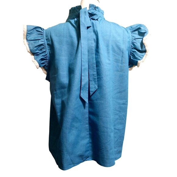 NWT Voy Blue Sleeveless Ruffle Top With Tie Back~Fringe Tip Sleeve~Size LARGE - Picture 4 of 8